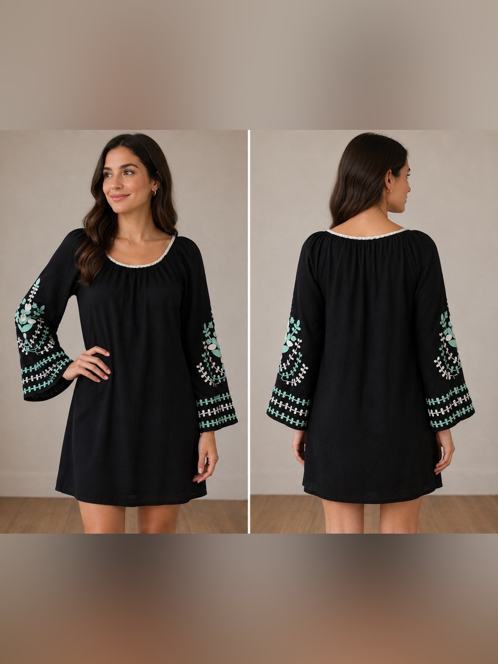 Umgee Black Embroidered Bell Sleeve Shift Dress Size Small Boho